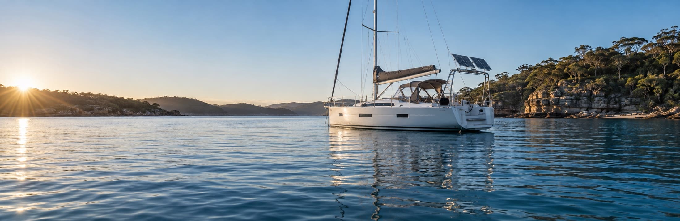 A cruising yacht with stern-mounted solar panels at anchor in an Australian bay